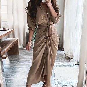 Quinn Khaki Tie-Waist Button-Up Dress